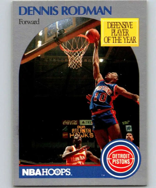 1990-91 Hoops Dennis Rodman Basketball Card featuring Detroit Pistons player dunking