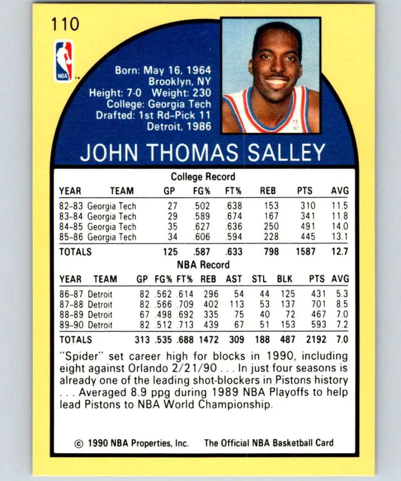 1990-91 Hoops #110 John Salley Basketball Card featuring Detroit Pistons stats and biography