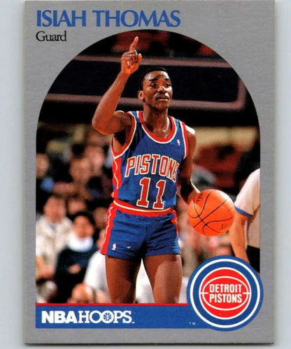 Isiah Thomas basketball card featuring Detroit Pistons in blue and red uniform