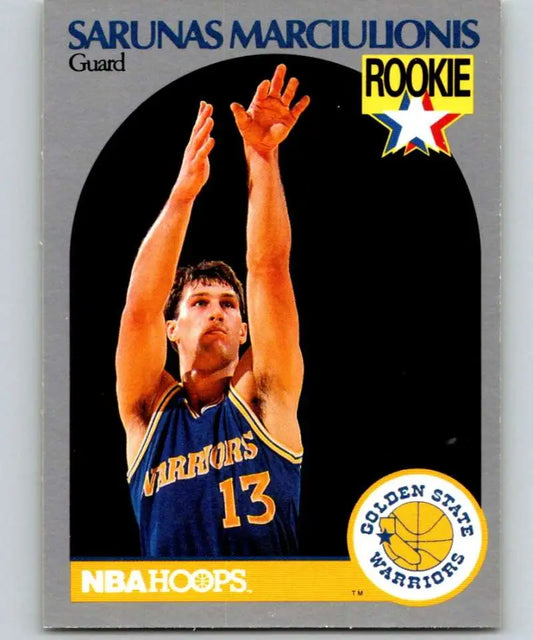 Sarunas Marciulionis shooting a jump shot on a Golden State Warriors basketball card