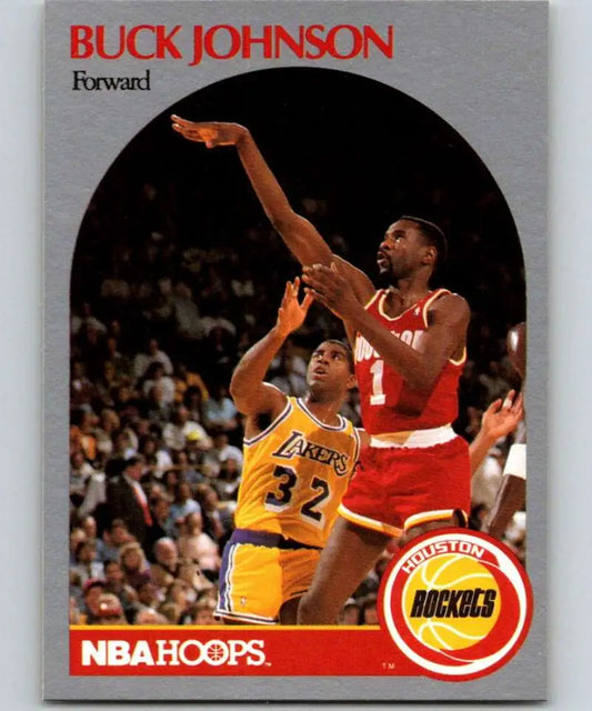 1990-91 Hoops Buck Johnson Basketball Card featuring Houston Rockets game action