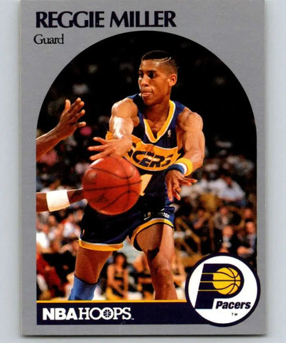 NBA Hoops basketball card of Reggie Miller in Indiana Pacers uniform passing the ball