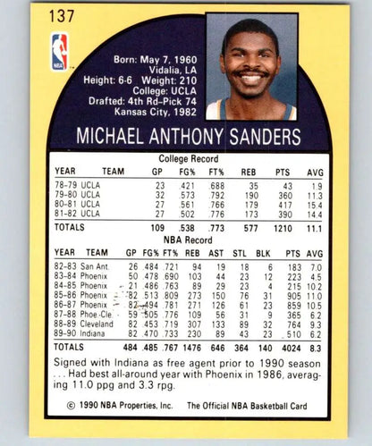 1990-91 Hoops #137 Mike Sanders basketball card showcasing Indiana Pacers player stats