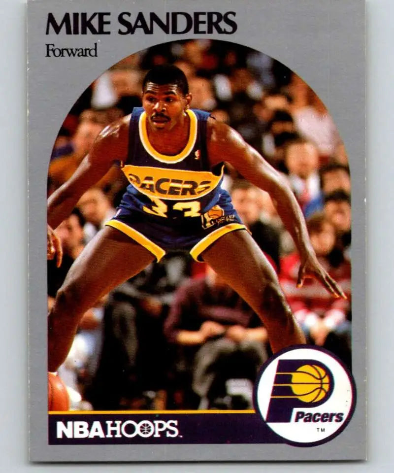 NBA Hoops basketball card of Mike Sanders in Indiana Pacers uniform in defense stance