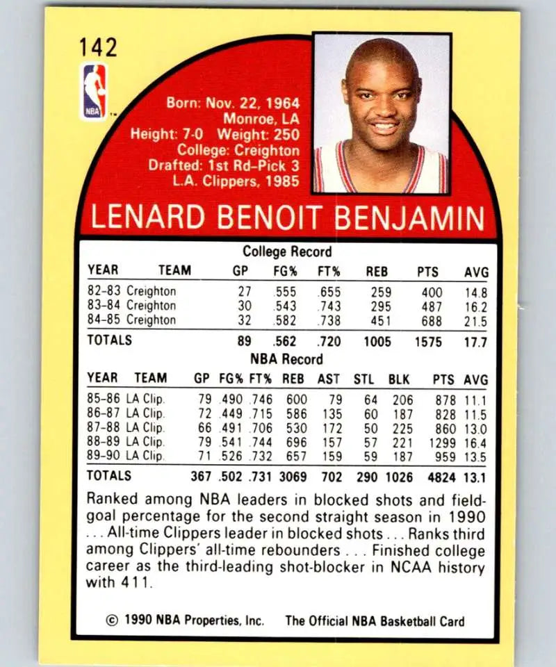 1990-91 Hoops #142 Benoit Benjamin Basketball Card showcasing Los Angeles Clippers player stats