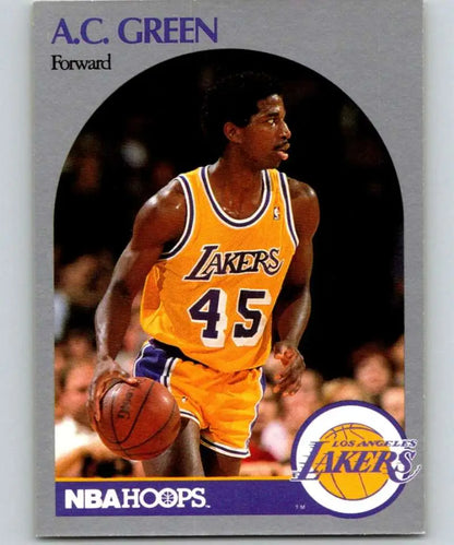 NBA Hoops card of A.C. Green dribbling for Los Angeles Lakers jersey number 45