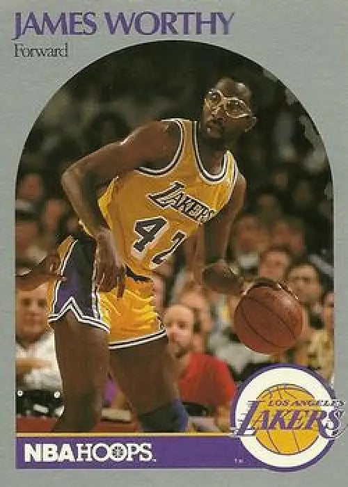 Basketball trading card of James Worthy in Los Angeles Lakers yellow and purple uniform