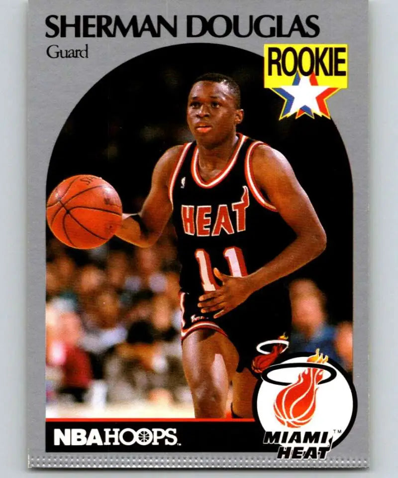 Basketball player in Miami Heat jersey dribbling ball on Sherman Douglas Rookie card