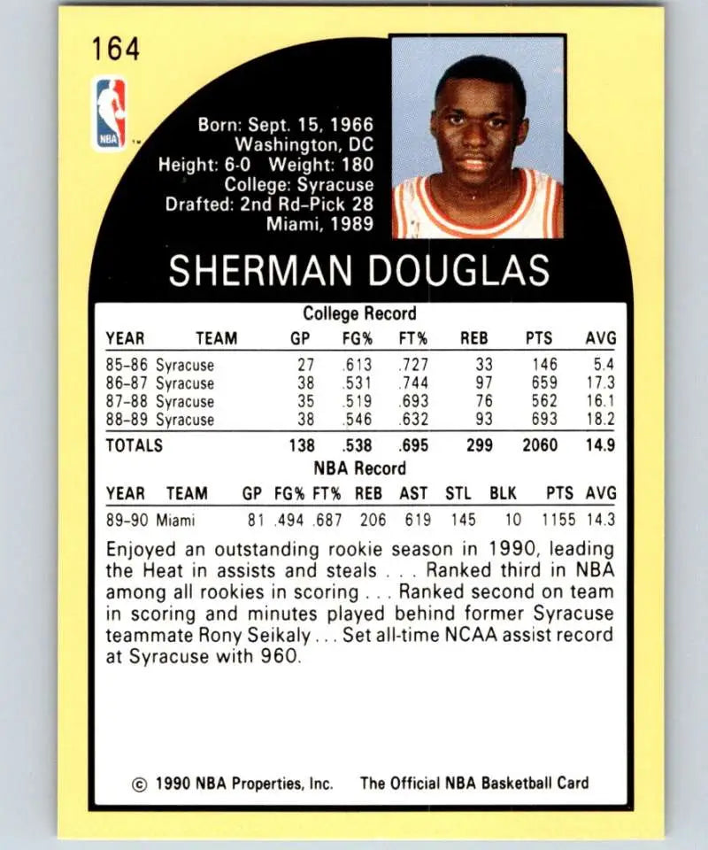 1990-91 Hoops Sherman Douglas rookie card highlighting Miami Heat stats and memorabilia