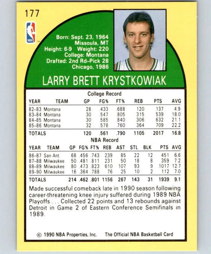 1990-91 Hoops basketball card featuring Larry Krystkowiak with player stats and bio