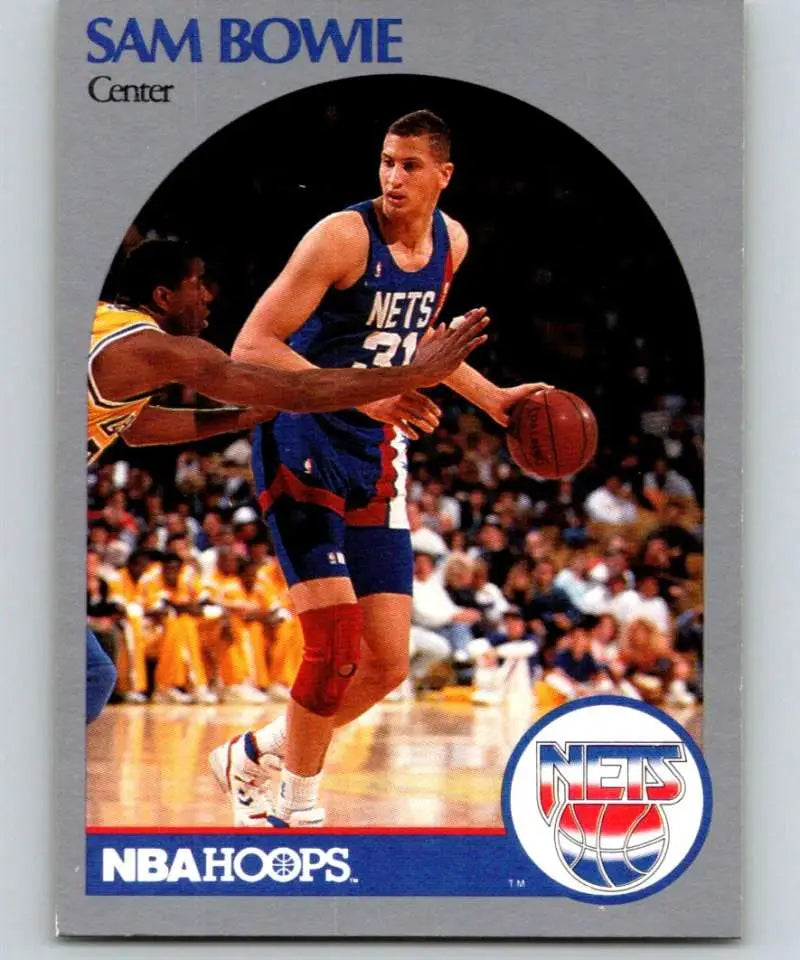 Sam Bowie in action for New Jersey Nets against Lakers defender on basketball card