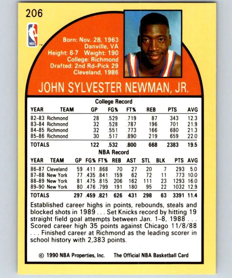 1990 NBA basketball card of Johnny Newman featuring York Knicks statistics and highlights