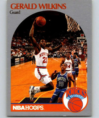 New York Knicks Basketball Card of Gerald Wilkins soaring to the hoop action shot