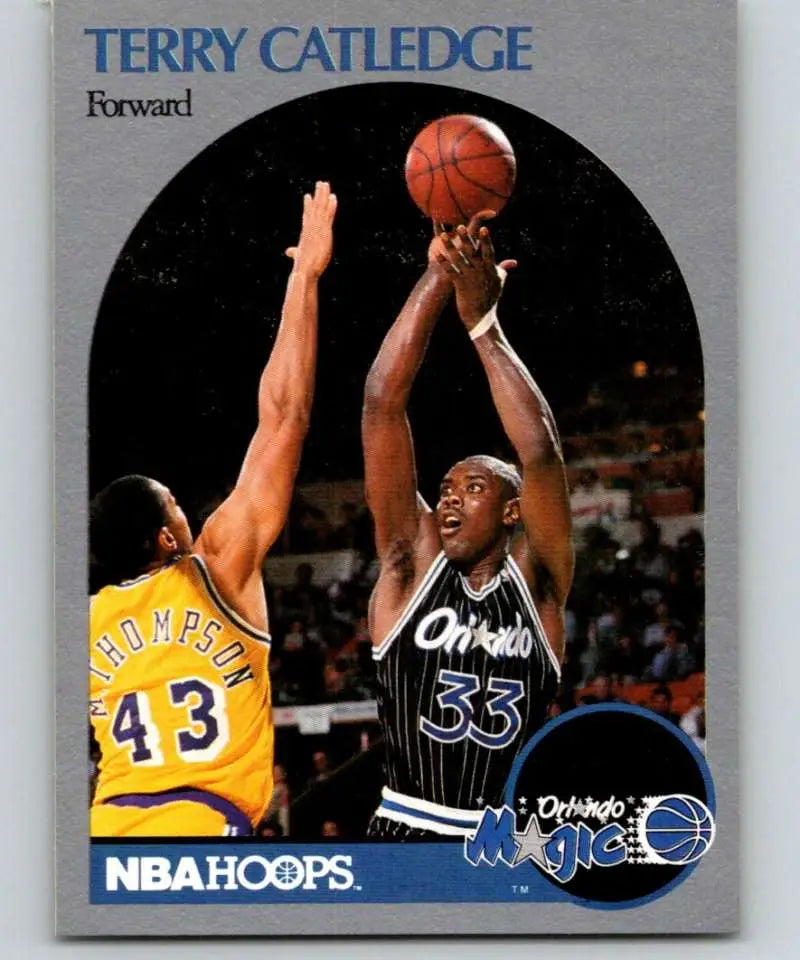 Terry Catledge Orlando Magic basketball card depicting a shot over Lakers defender