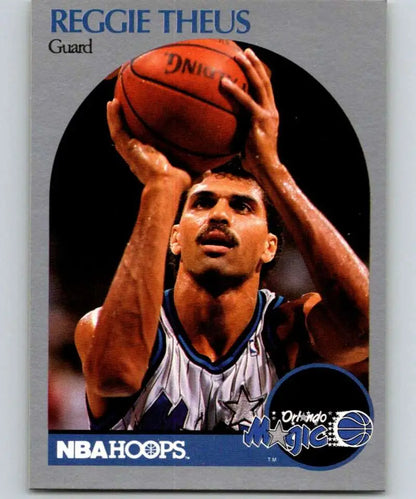 NBA trading card of Reggie Theus shooting for the Orlando Magic basketball team