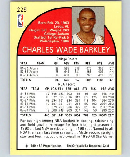 1990-91 Hoops #225 Charles Barkley Basketball Card featuring Philadelphia 76ers stats