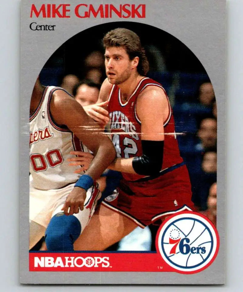 Vintage NBA Hoops basketball card of Mike Gminski, Philadelphia 76ers center, jersey 45