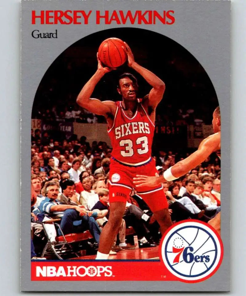 Vintage NBA Hoops basketball card of Hersey Hawkins, Philadelphia 76ers, jersey 33