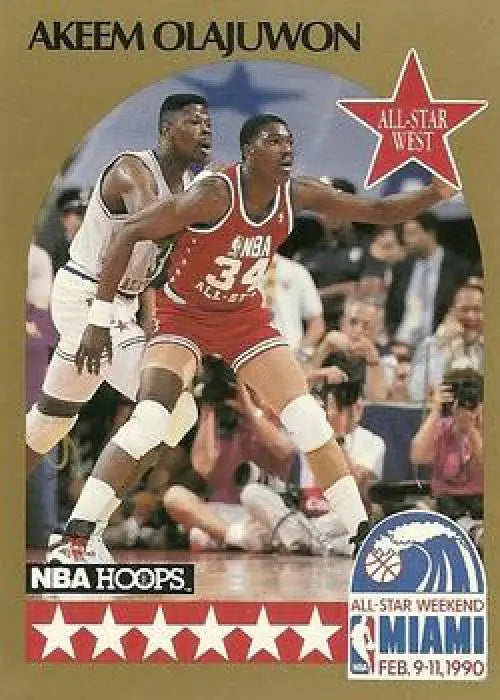 Vintage 1990 NBA Hoops Hakeem Olajuwon All-Star card featuring Houston Rockets action