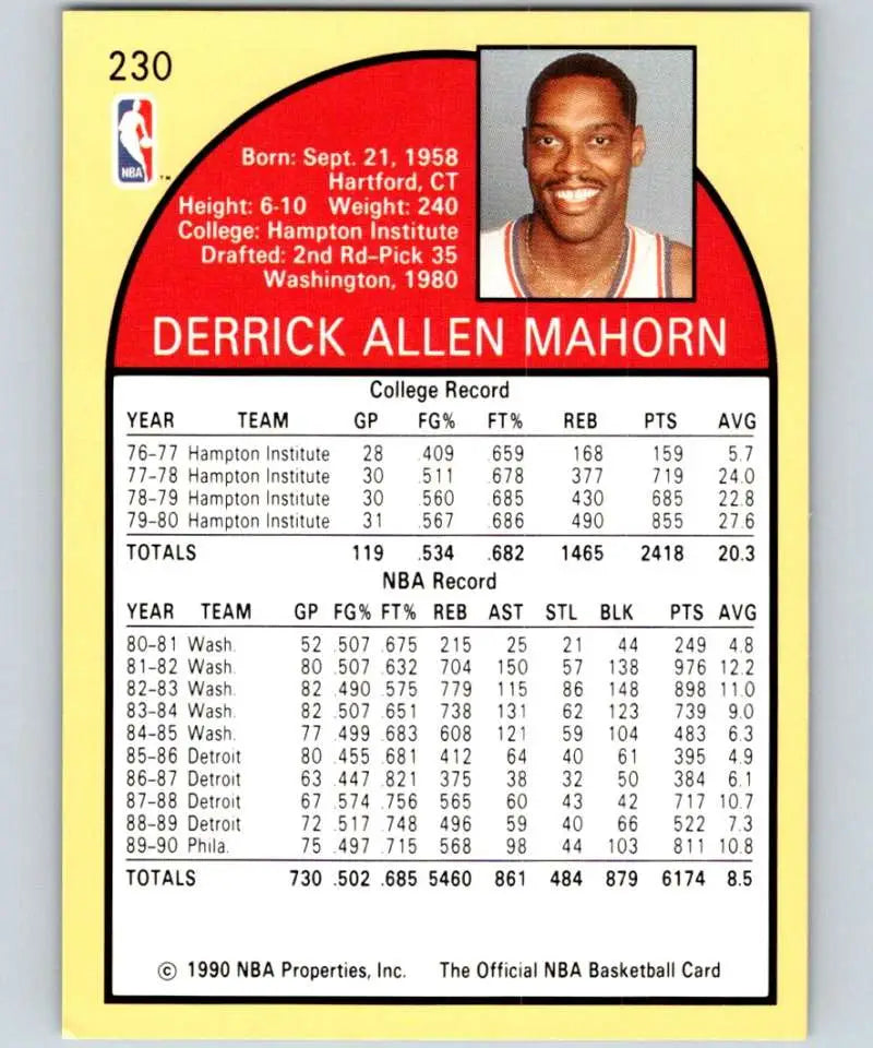 1990-91 Hoops #230 Rick Mahorn Basketball Card featuring Philadelphia 76ers stats