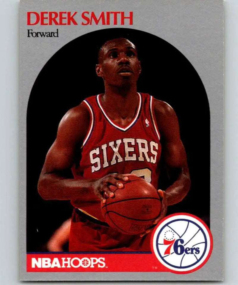 Basketball card of Derek Smith in Philadelphia 76ers jersey holding a basketball