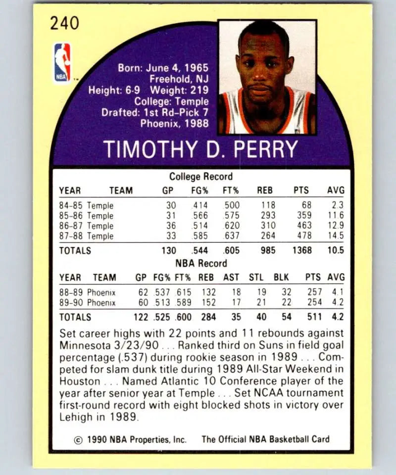 1990-91 Hoops Tim Perry Phoenix Suns Basketball Card showcasing player stats and bio