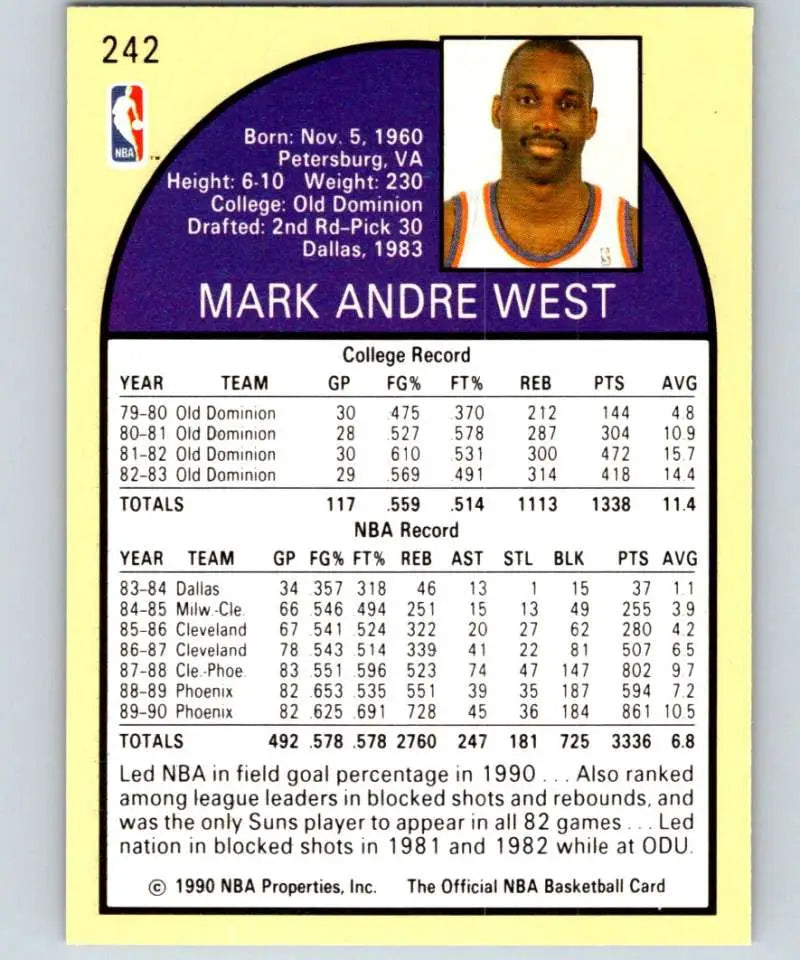 1990-91 Hoops Mark West basketball card featuring Phoenix Suns player stats