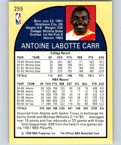 Basketball card featuring Antoine Carr’s stats with Sacramento Kings from 1990