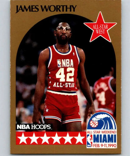 Basketball trading card of James Worthy in red All-Star uniform for Los Angeles Lakers