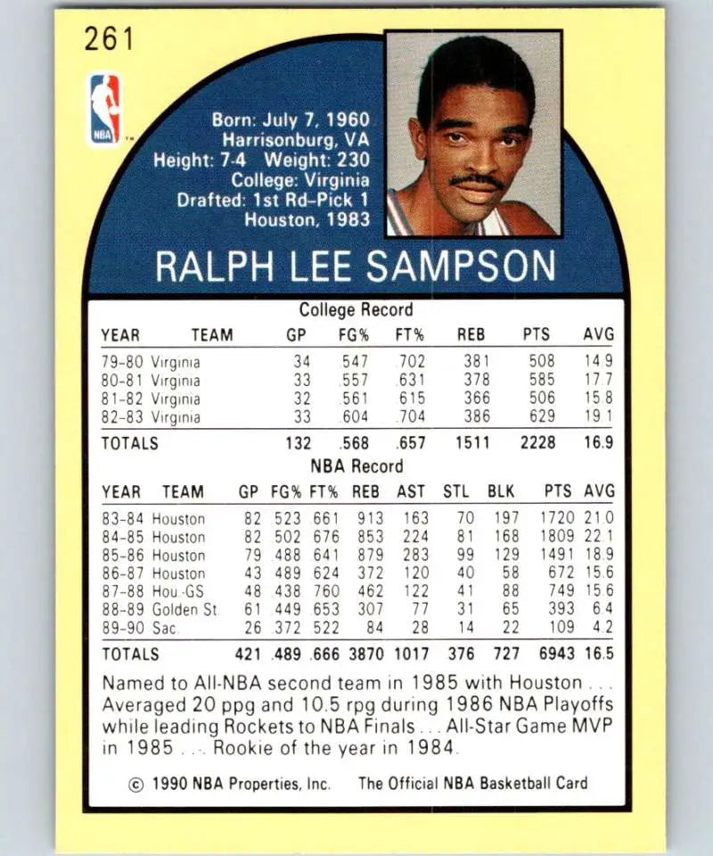 1990-91 Hoops #261 Ralph Sampson Basketball Card showcasing Sacramento Kings stats