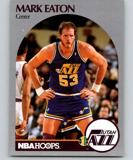 NBA trading card of Mark Eaton UER in Utah Jazz purple and gold jersey number 53