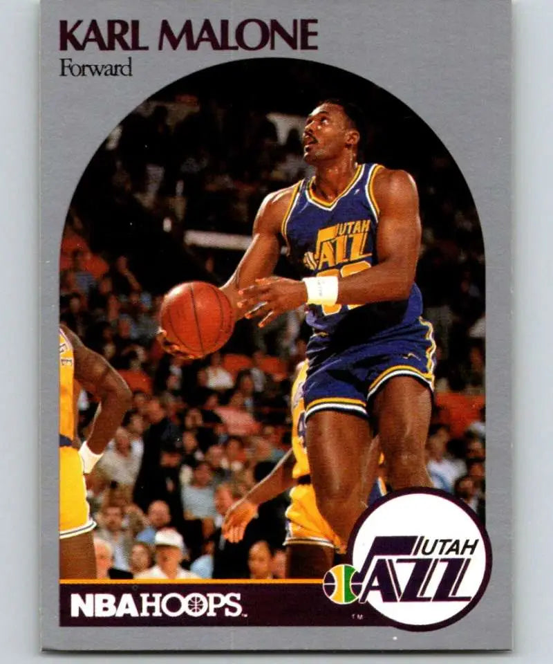 NBA Hoops Basketball Card of Karl Malone in Utah Jazz uniform taking a shot