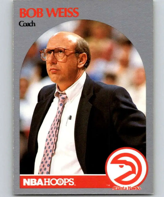 Basketball card of Bob Weiss in a suit with glasses for Atlanta Hawks 1990-91 Hoops