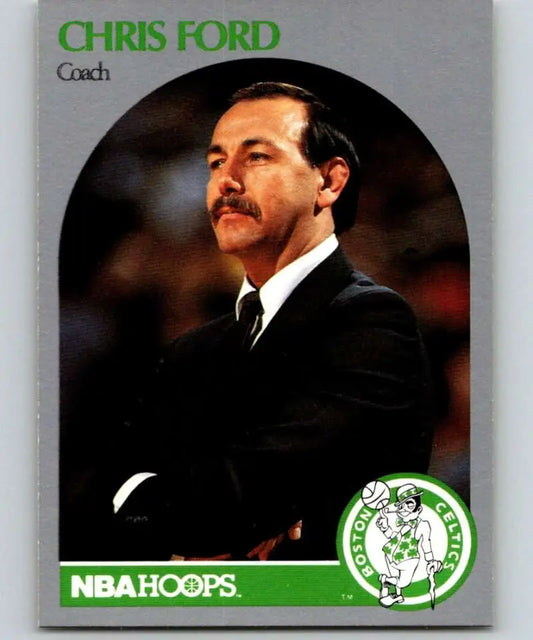 Basketball card of Chris Ford in dark suit featuring Boston Celtics logo