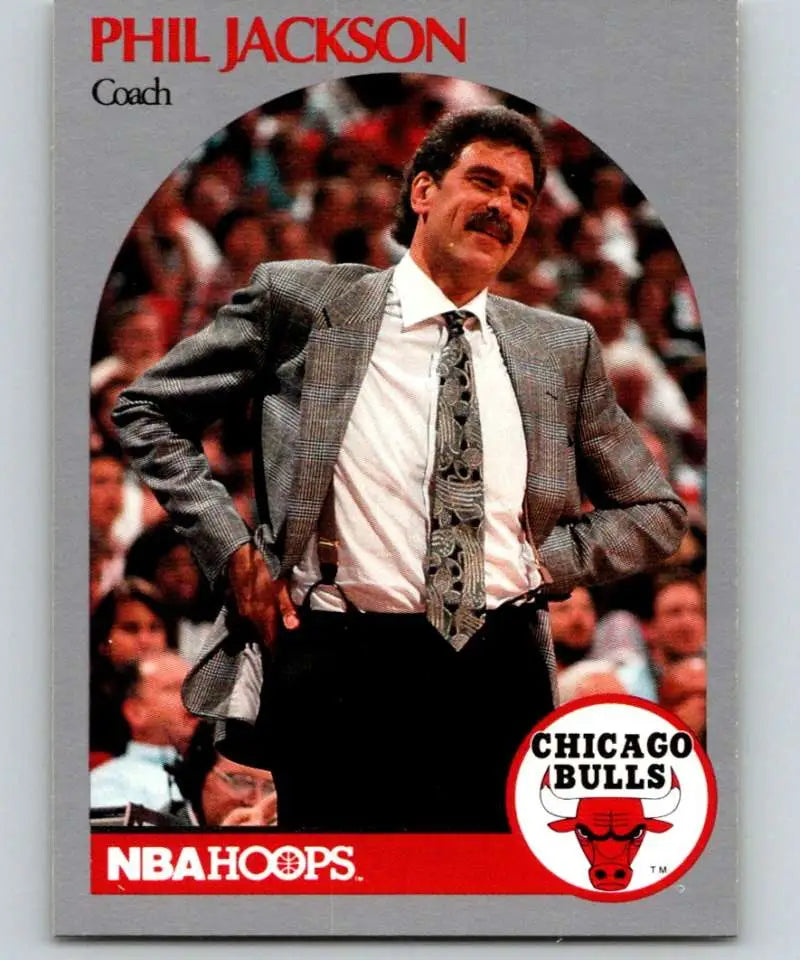 NBA Hoops basketball card featuring Phil Jackson in gray suit for Chicago Bulls