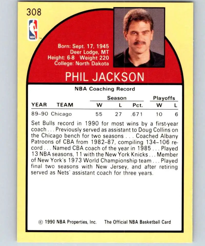 NBA basketball card of Phil Jackson with Chicago Bulls coaching stats and bio