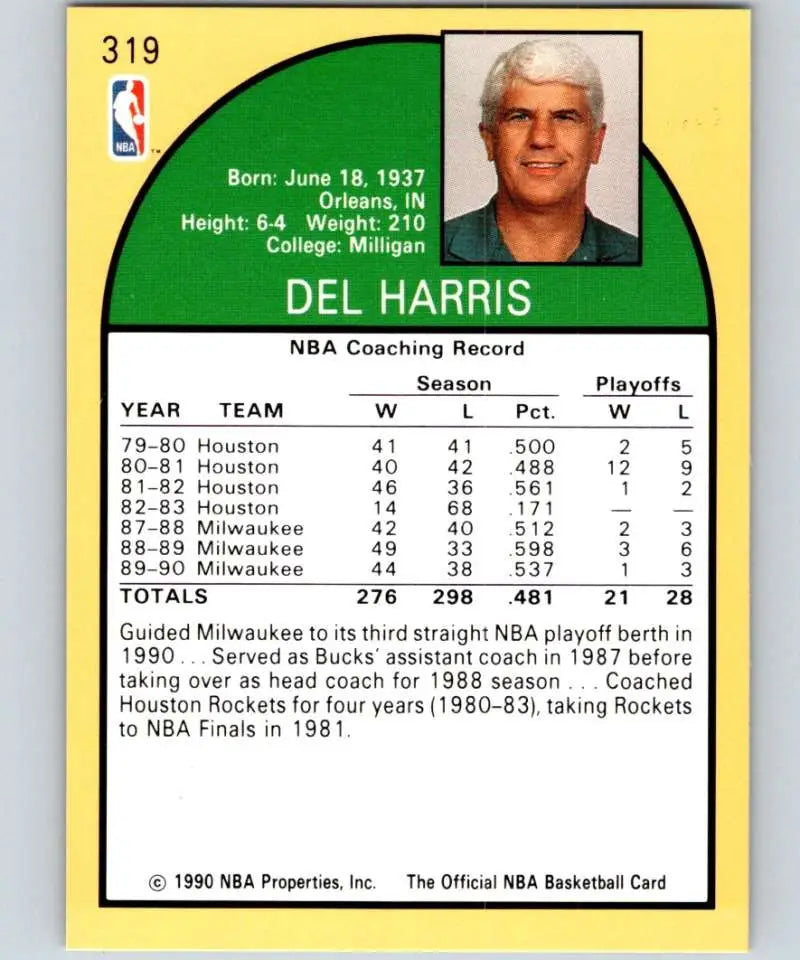 Basketball trading card featuring Del Harris career stats for Milwaukee Bucks Basketball