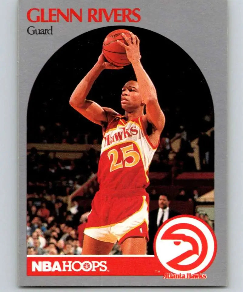 Basketball card of Doc Rivers in red jersey for Atlanta Hawks taking a jump shot