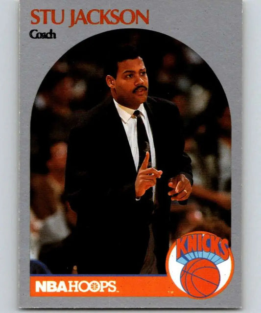 Vintage NBA Hoops basketball card featuring Stu Jackson in a dark suit for New York Knicks