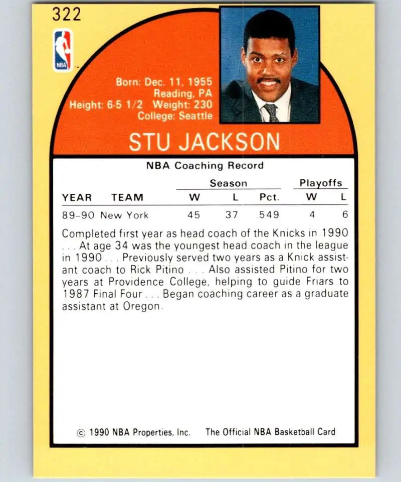 1990-91 Hoops #322 Stu Jackson Basketball Card featuring New York Knicks coach stats