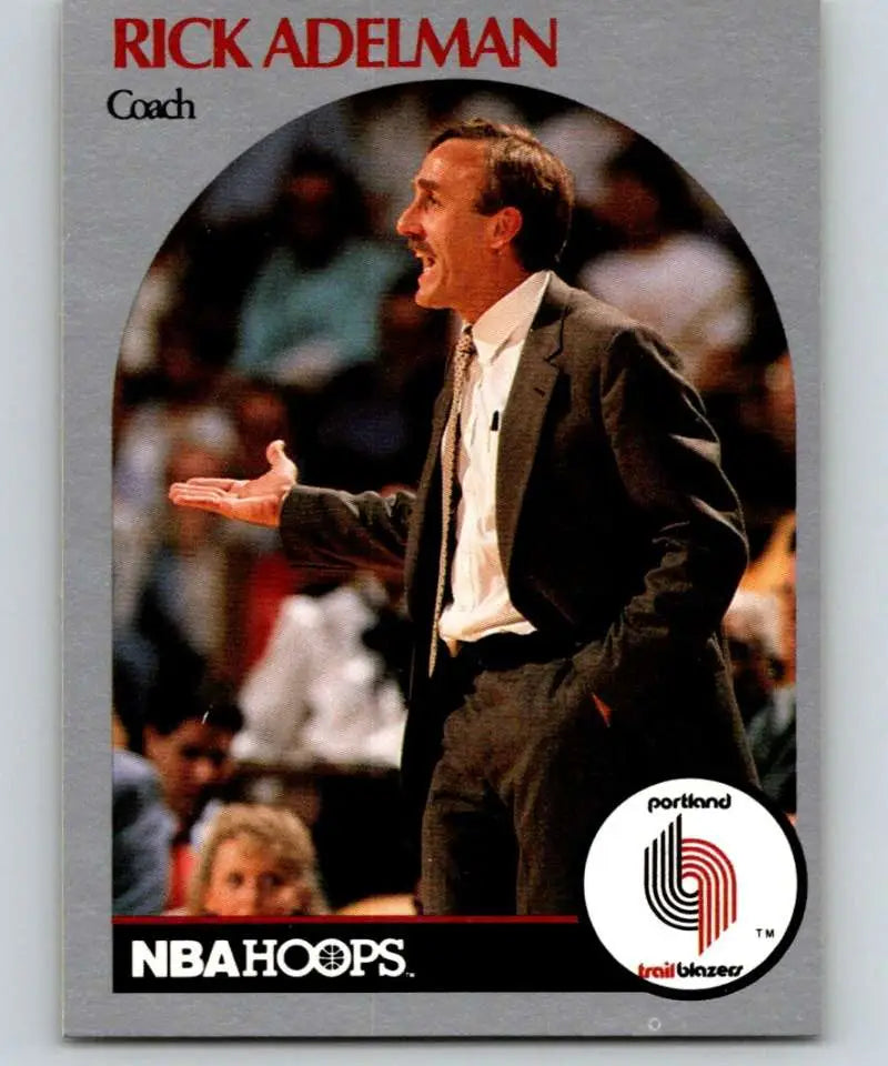 Basketball trading card of Rick Adelman coaching Portland Trail Blazers in dark suit