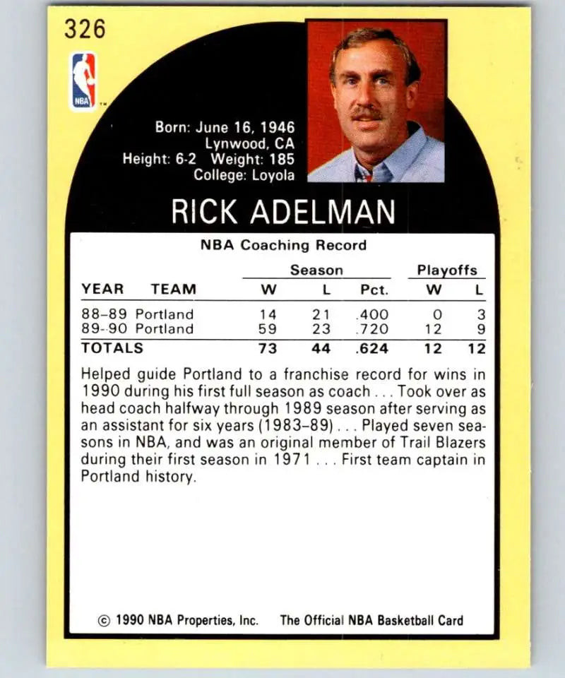 1990-91 Hoops #326 Rick Adelman Basketball Card featuring Portland Trail Blazers statistics