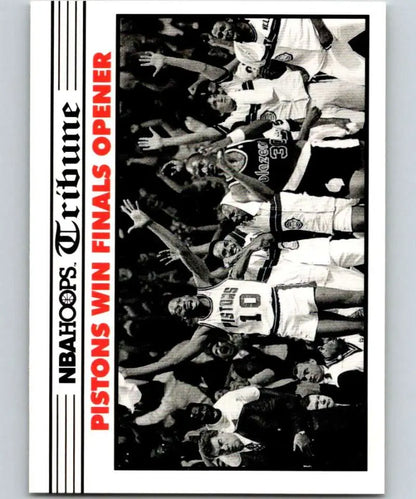 Black and white basketball trading card of Detroit Pistons celebrating against Portland Trail Blazers