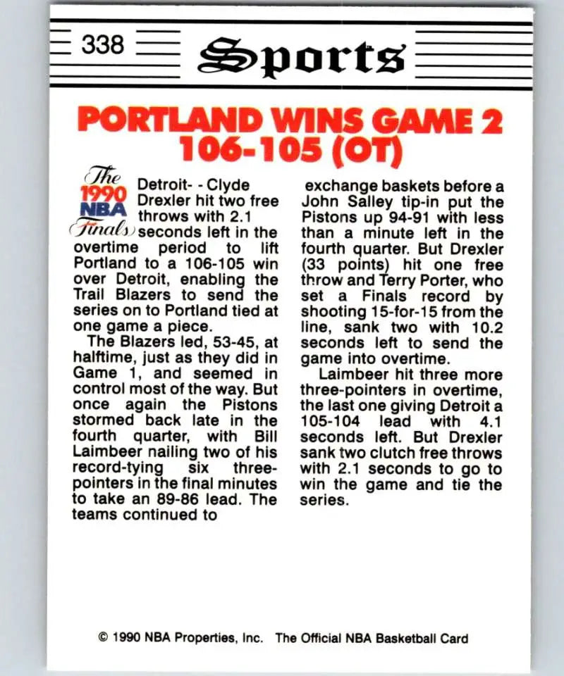 Newspaper clipping of Trail Blazers’ overtime win in NBA Final Game 2 featured on basketball card