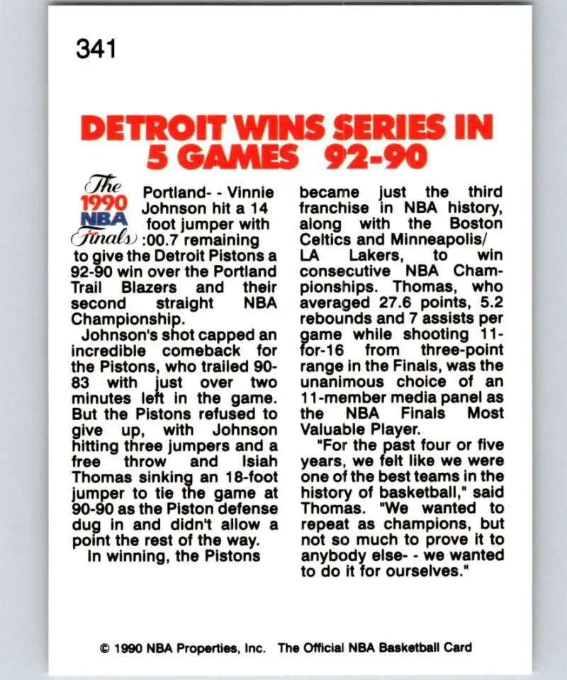 Basketball card celebrating Detroit Pistons 1990 NBA Championship vs Portland Trail Blazers