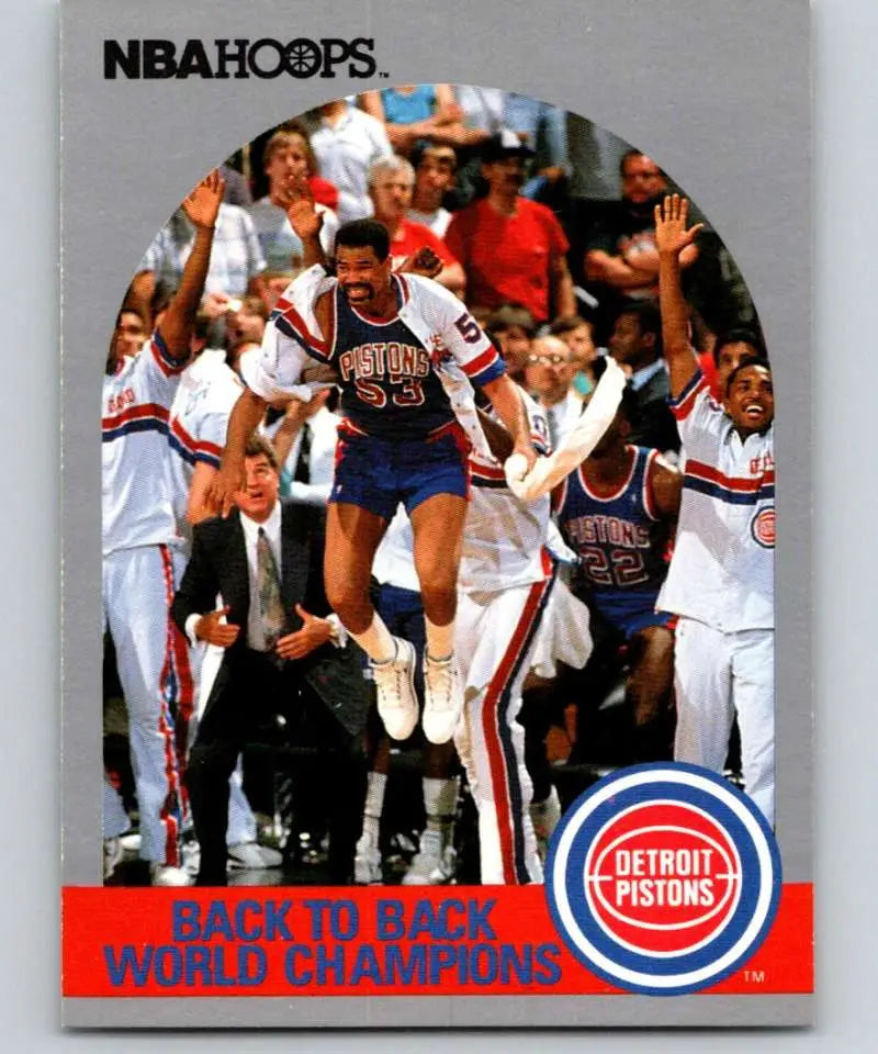 NBA Hoops Pistons basketball card showing players celebrating their championship season