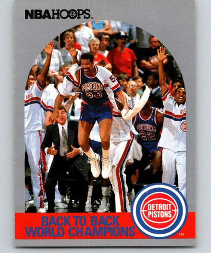 NBA Hoops Pistons basketball card showing players celebrating their championship season