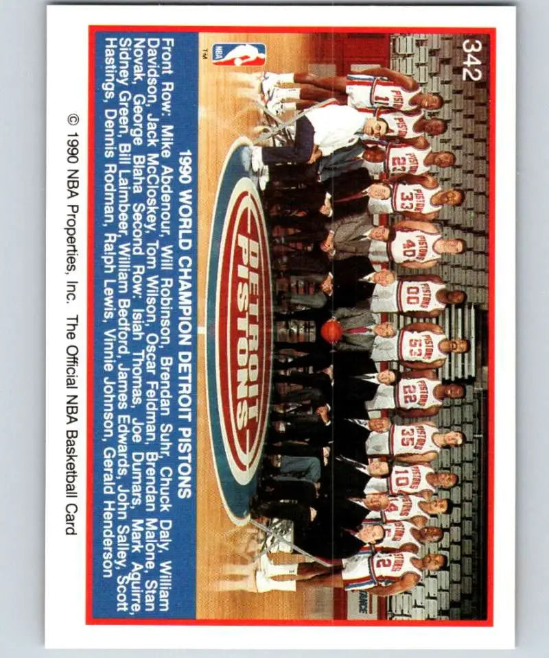 Detroit Pistons basketball team photo card featuring players and coaches in uniforms