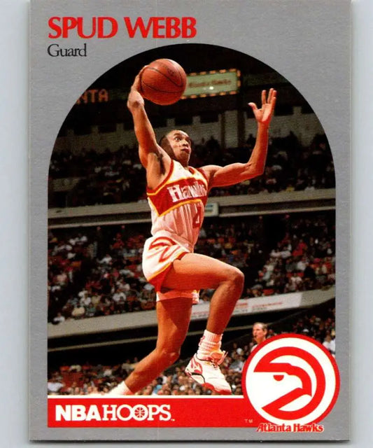 Spud Webb leaps with the ball in Atlanta Hawks uniform on a basketball card