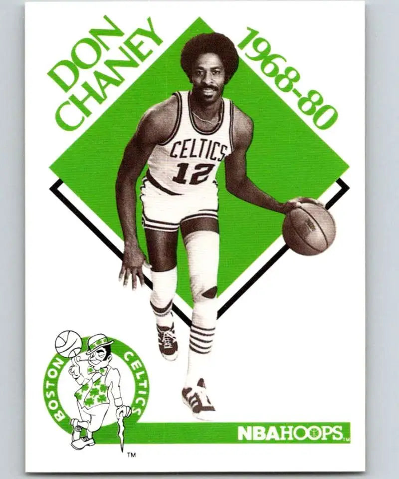 Basketball player in Boston Celtics jersey dribbling, featuring Don Chaney Houston Rockets card